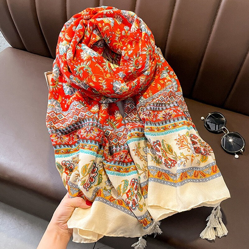 The Four Seasons Windproof Beach Towel, Ethnic style Tassels Shawls New 180 * 85cm Muslim Headscarf, Fashion Print Warm Bandanna