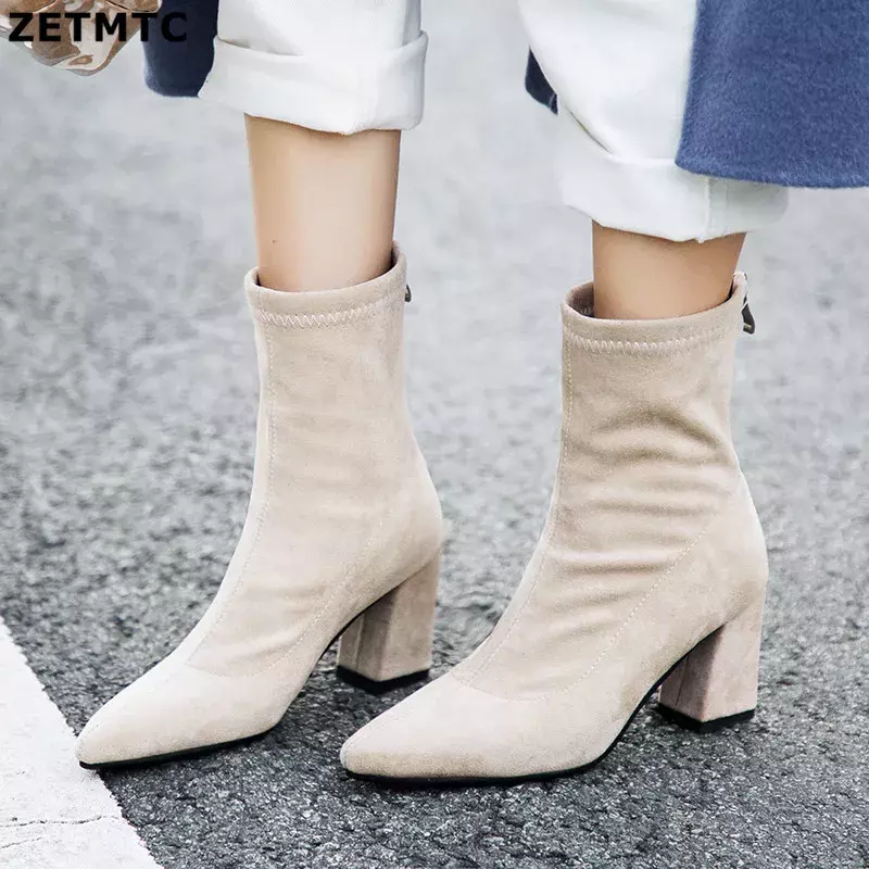 2024รองเท้าบูทหัวแหลมแฟชั่นฤดูหนาวของผู้หญิง, รองเท้าบูทหุ้มข้อมีซิปเนื้อผ้ายืดได้รองเท้าบูทผู้หญิงส้นสูงเซ็กซี่