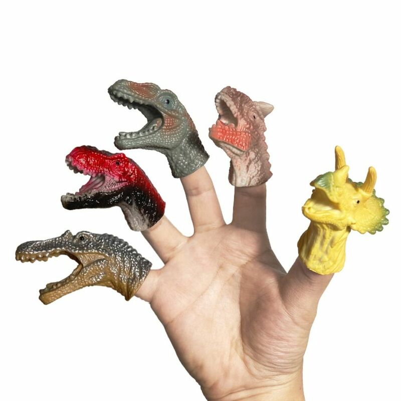 Mini mão fantoches com cabeça de dinossauro, dedo fantoche brinquedos, borracha dos desenhos animados, coloridos, 5PCs