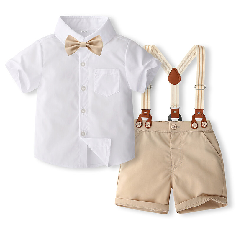 VISgogo-طقم ملابس صيفية للأولاد الصغار ، لون سادة ، أكمام قصيرة ، قميص بأزرار ، شورت معلق ، زي سادة ، 2 *