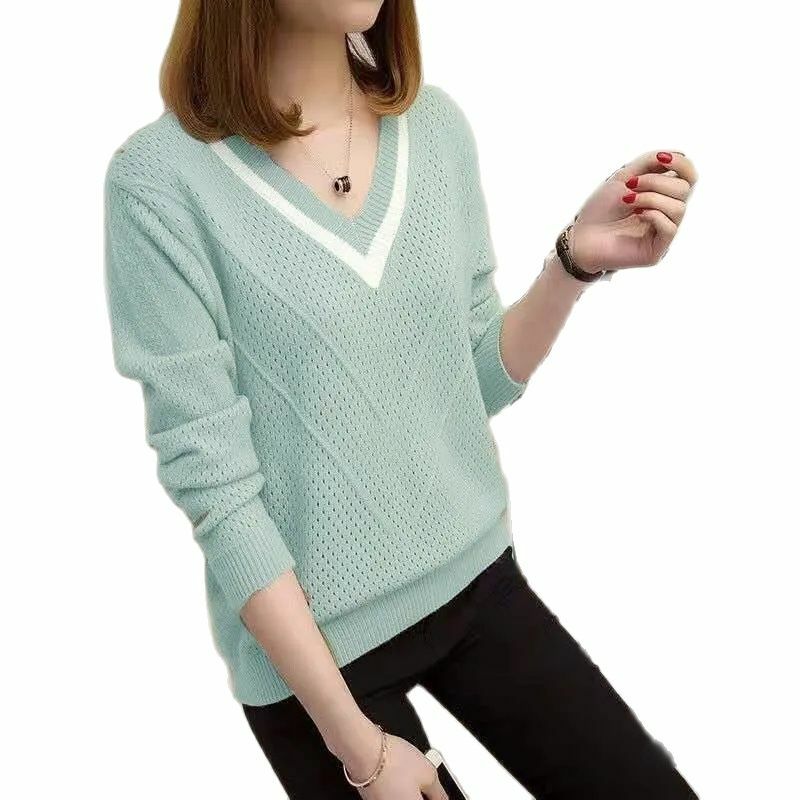 Suéter feminino com decote v oco, manga comprida fina, pulôver feminino, tops de tricô, primavera e verão, 2023