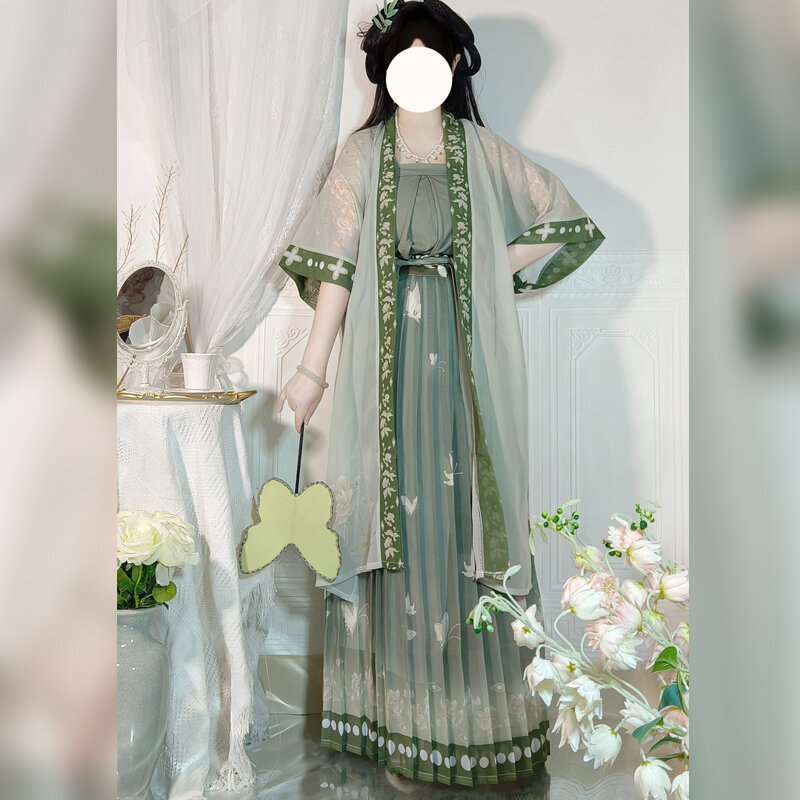 中国の漢服-3ピースのサマードレスセット,マキシ衣装,緑,流れる,古代中国の女性の刺繡