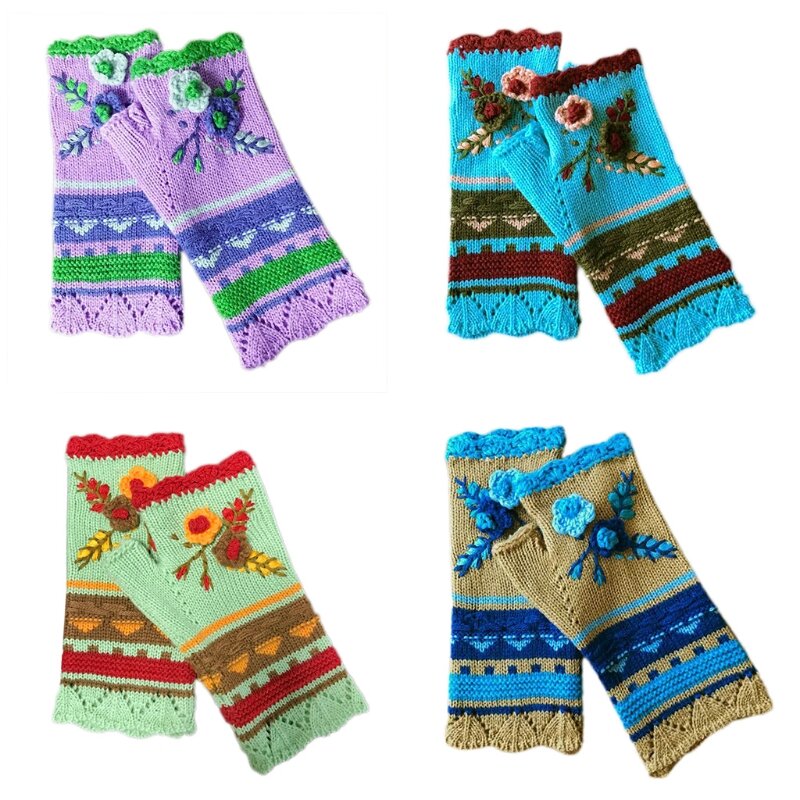 Frauen Winter Chunky Knit Fingerlose Handschuhe Ethnische Vintage Mehrfarbig Gestreiften Häkeln Floral Daumen Loch Arm Drop