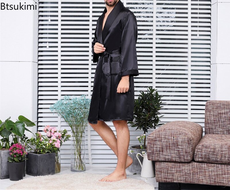 Pijamas finos de verano para hombre, ropa de casa de manga larga, Kimono, albornoz, ropa de dormir de satén de seda negra, 2024