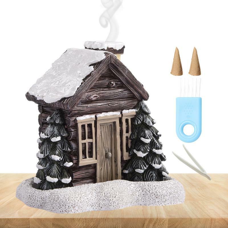 Cute Log Cabin cono di incenso Burnerlog Cabin Resin Household Christmas Log Cabin Ornament bruciatore di incenso con pinzette a pennello a cono