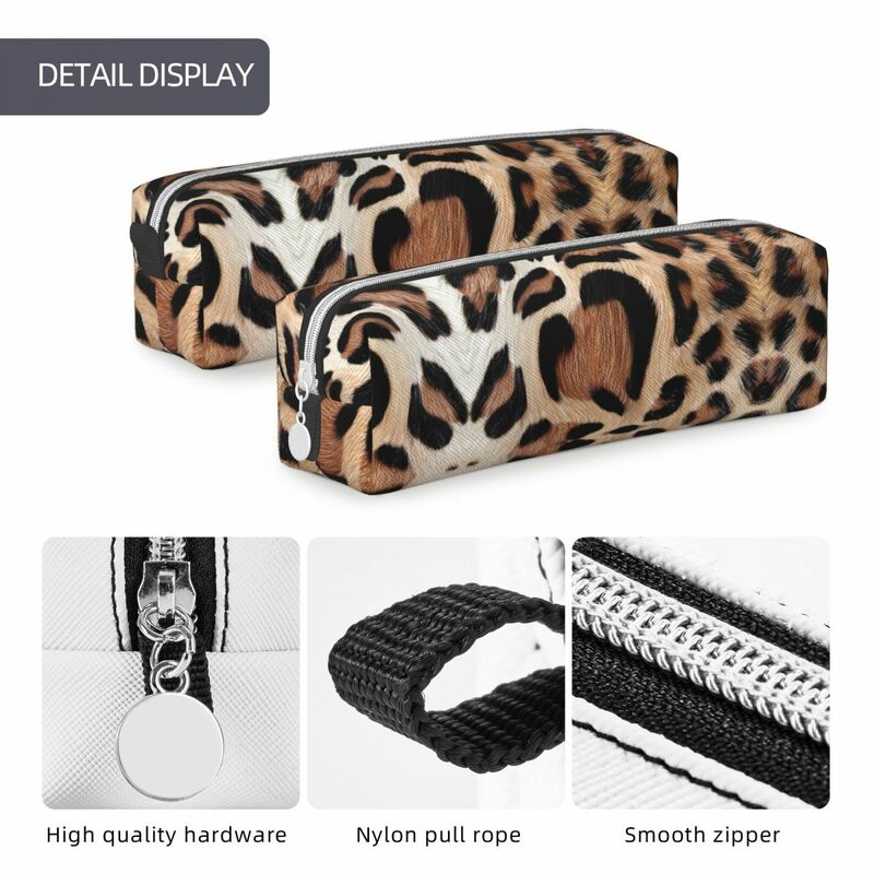 Leopard Fur Heart Pencil Case, Pen Box Bags para Student, Grande armazenamento, material escolar, Zipper Pencilcases
