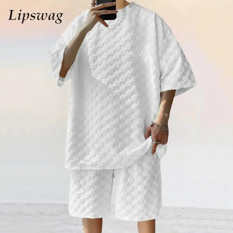 Conjunto de duas peças masculino de camisetas de manga curta e shorts, tops de algodão jacquard soltos e respiráveis, roupas de praia casuais, xadrez, verão