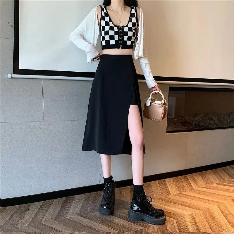 Falda de línea a de longitud media para mujer, faldas sueltas que combinan con todo, ropa de moda simple, dobladillo dividido negro, primavera y verano, nuevo