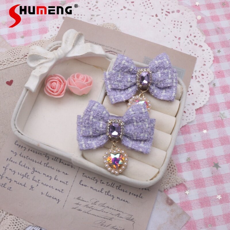 Lolita Bow Heart Rhinestone Hair Accessories Japanese Style Sweet Hairpin Cute Handmade Lady Pendant Small Pair Clip Side Clips