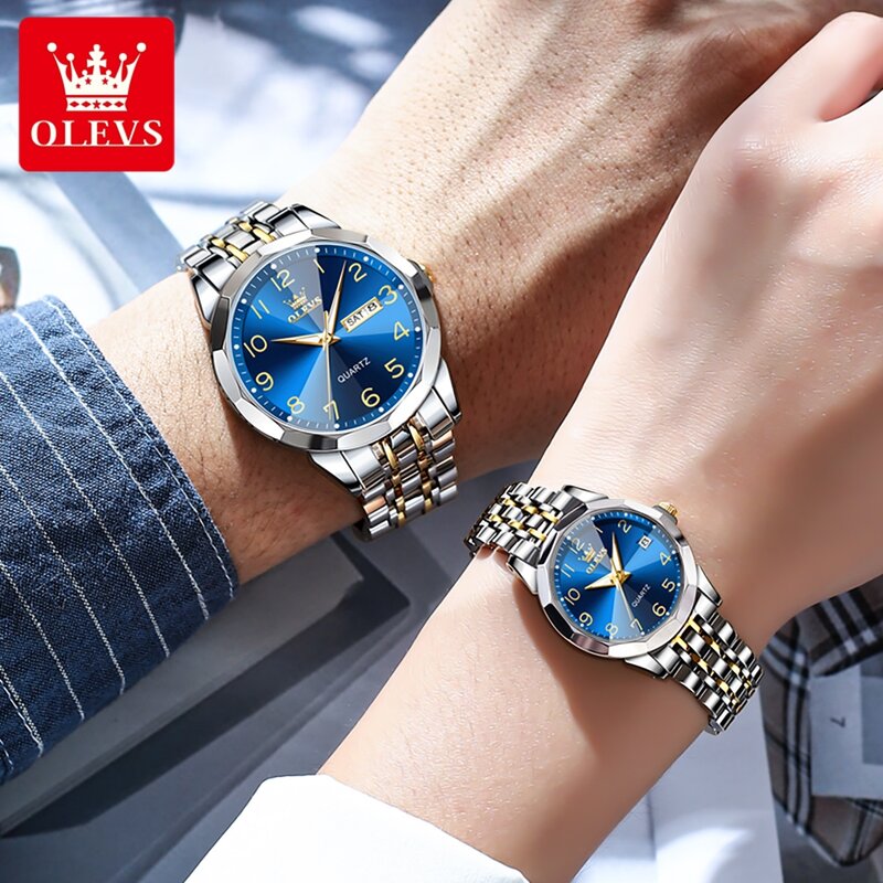 OLEVS 9970 New Luxury Quartz Couple Watch For Men Women Number Dial Rhombus Mirror Hand Clock Stainless Steel Original Watches