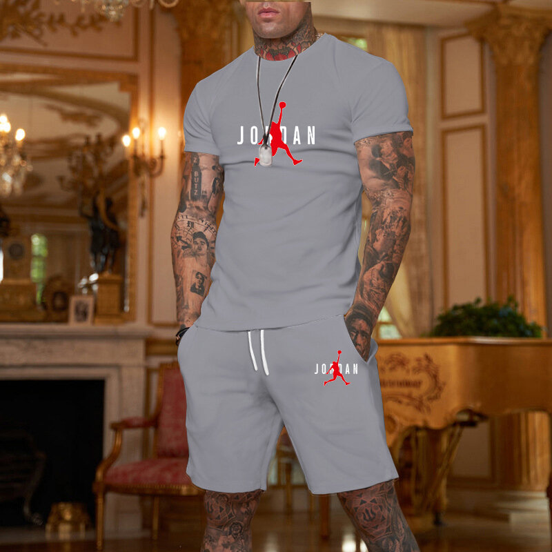 Setelan baju olahraga pria musim panas, setelan baju olahraga kasual pria ukuran besar kerah bulat 2 potong, kaus pantai motif 3D