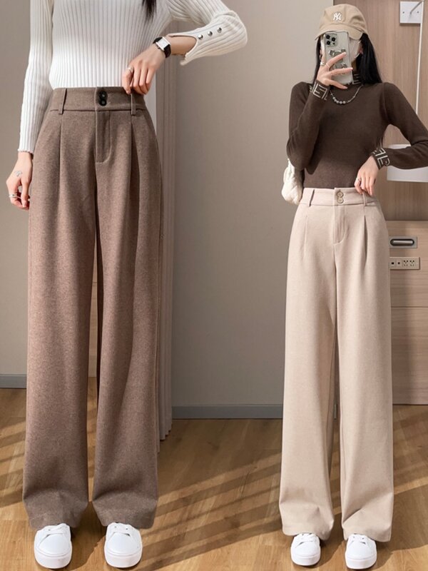 Pantaloni a gamba larga in lana da donna con vita alta e sensazione di drappeggio. Nuovi pantaloni dritti da caffè autunno e inverno 2023 da donna