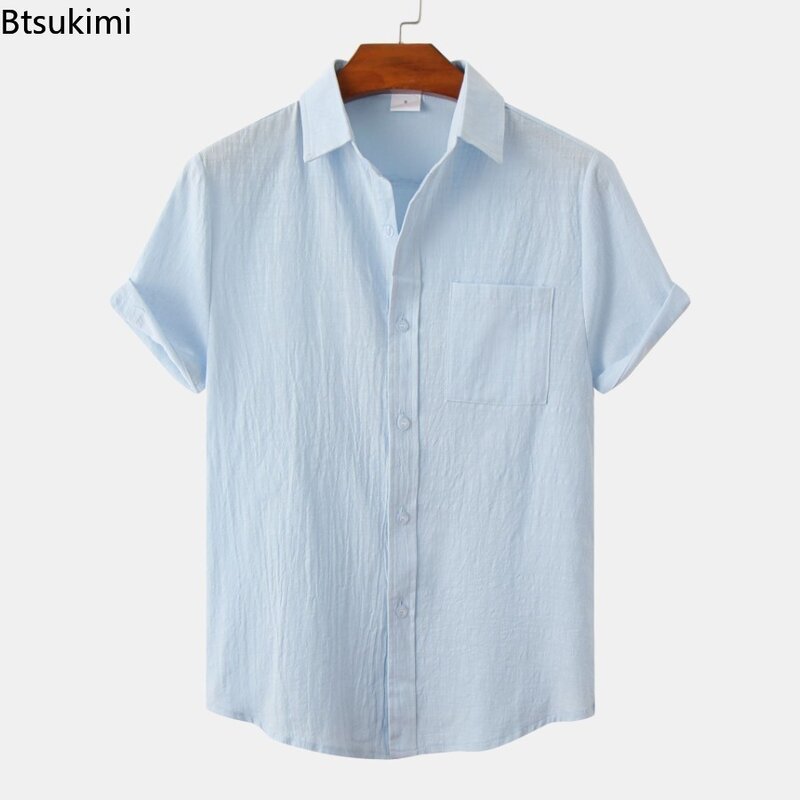 2024 Sommer Herren einfarbig Kurzarm hemden chinesischen Stil Baumwolle Leinen einfache Freizeit hemden Männer Revers Komfort Tops Camisa