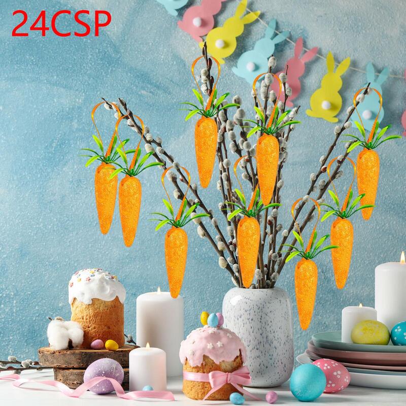Páscoa cenoura pendurada ornamentos, Glitter Craft, decorações para casa e cozinha festa, 24 pcs