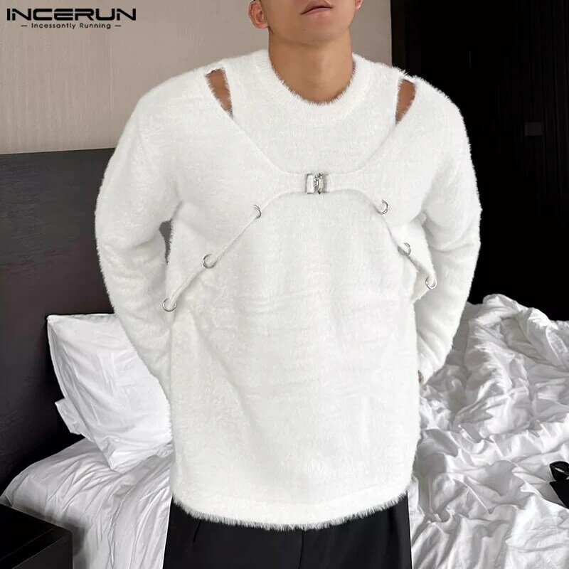 Bluzki INCERUN 2023 koreański styl nowy męski z odkrytymi ramionami dekonstruowany pluszowa tkanina sweter na co dzień sweter z długimi rękawami S-5XL