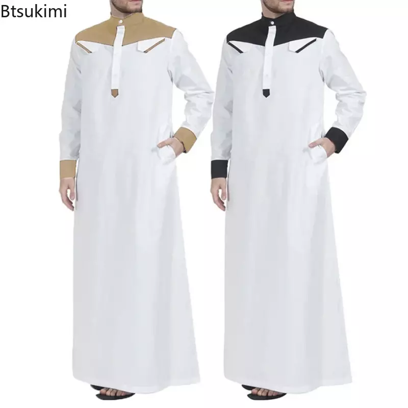 Thobe musulmán cómodo para hombre, caftán de manga larga con contraste de Color, ropa musulmana con cuello mandarín para Oriente Medio, 2024
