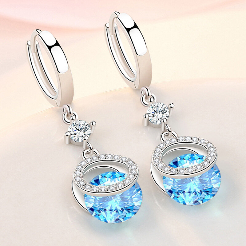 KOFSAC Perhiasan Gaya Trendi Kreatif Anting Zirkon Putih Kristal Biru Anting Menjuntai Bulat Mewah 925 Anting Perak Murni untuk Wanita