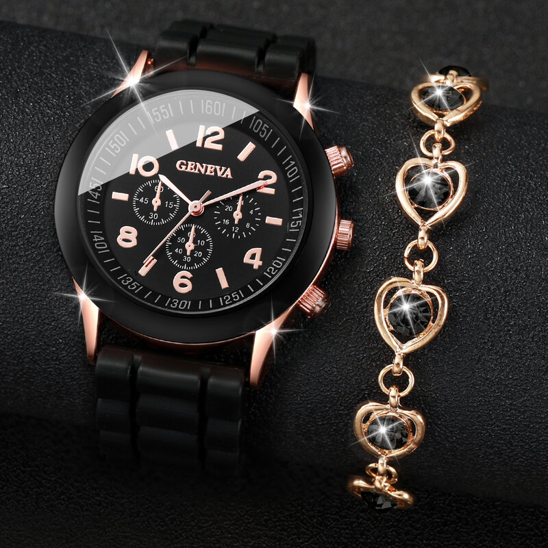 Women Fashion Silicone Band Quartz Watch with Love Heart Diamond Bracelet