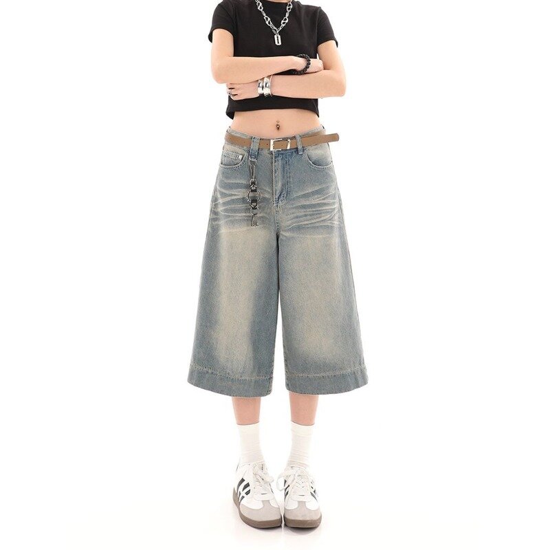 Deeptown Y2k Vintage luźne spodenki Jeans szerokie nogawki szorty Harajuku spodnie dżinsowe w koreańskim stylu moda uliczna modne luźne spodnie letnie
