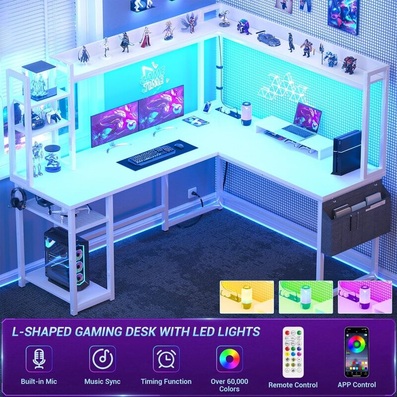L Shaped Gaming Desk com Power Outlet, Luz LED e Hutch, Desk Home Office reversível