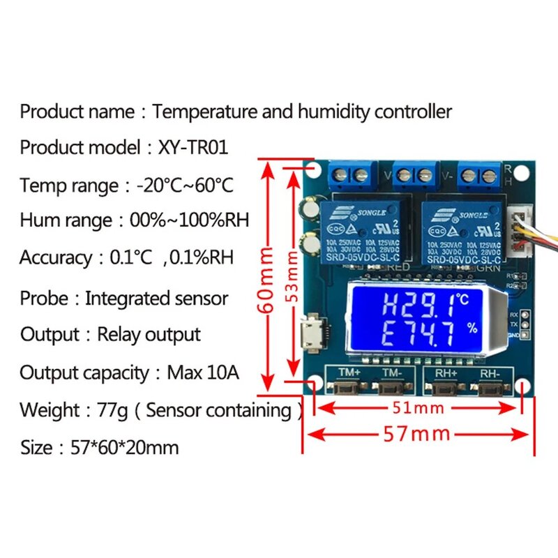 XY-TR01 Controlador de Temperatura de Umidade, DC 12V, 10A, Higrômetro, Termostato, Humidistat, Display LCD Digital, Módulo de Relé