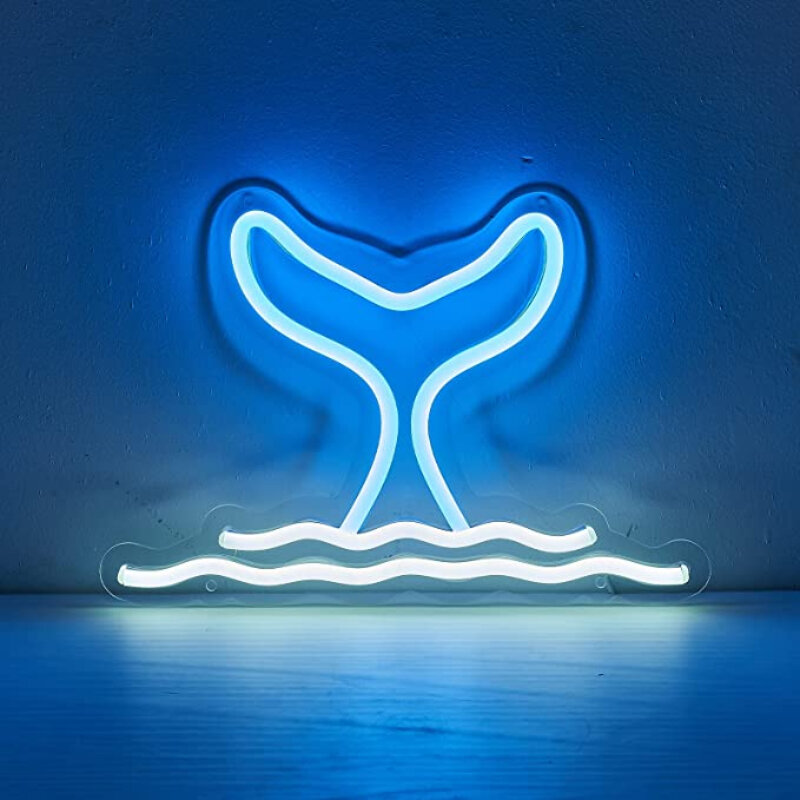 푸른 고래 꼬리 물결 네온 사인 아트 벽 램프, USB 미적 방 장식 선물, 아이 침실 홈 바 파티 재미있는 LED 조명