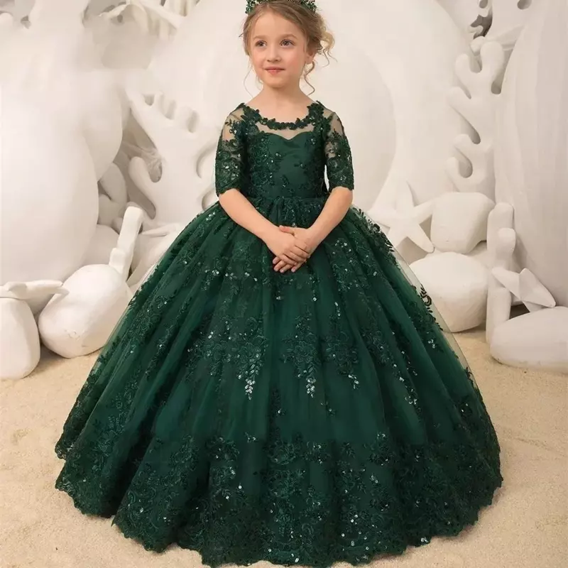 Dark Green Lace Flower Girl Dress Tulle Half Sleeve Sequin Bow Baby Girl Princess Wedding Birthday Party First Communion Dress