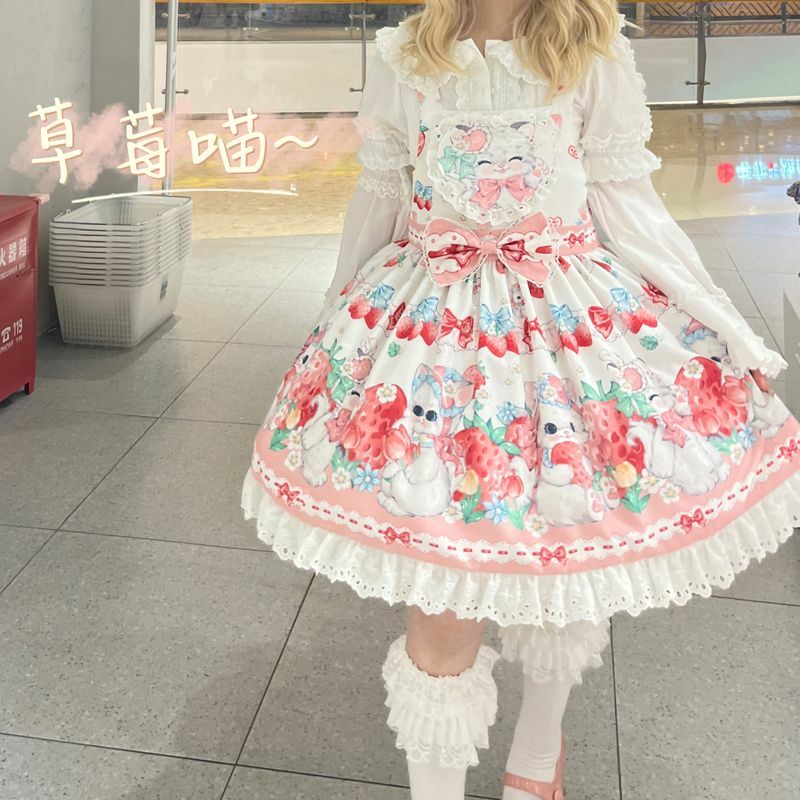 Süße Lolita Kleid Strap Nette Kätzchen Süße Print Jsk Lolita Japanischen Stil Nette Tee Party Prinzessin Gothic Kawaii Hosenträger Kleid