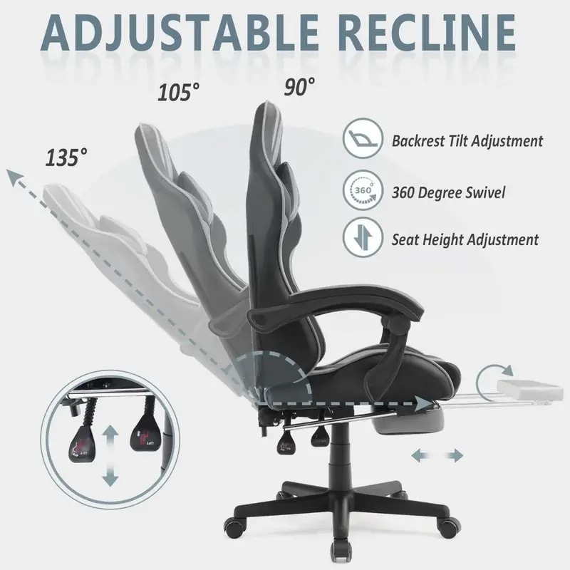 Grey fotel gamingowy s z podnóżkiem, gry komputerowe fotel gamingowy, krzesło do pracy na komputerze, krzesło E-sportowe, ergonomiczne krzesło biurowe z regulacją