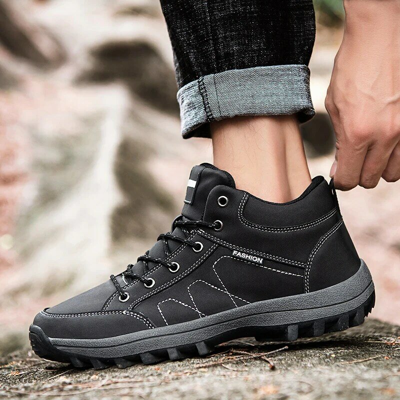 New Winter Leather Ankle Boots Men Casual Shoes Outdoor Waterproof Work Tooling Mens Hiking Boots Sneakers Military Snow Boots