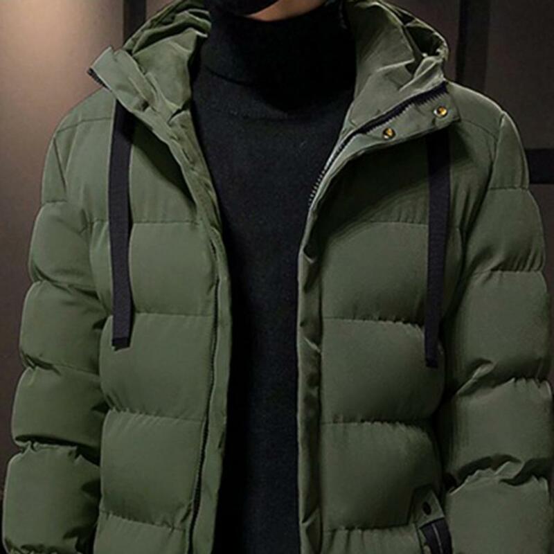 Homem casacos de inverno acolchoado com capuz manga comprida com cordão de comprimento médio blusão para uso diário