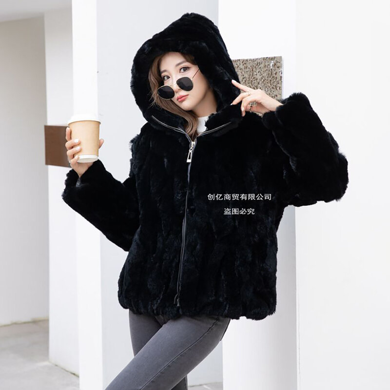 New Real Rex Rabbit Fur Coat Fur Hooded Fashion Joker Comfortable Soft Winter Warm Temperament Loose Coat Female Tide.