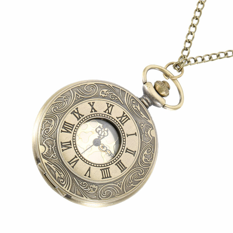 골동품 빈티지 로마 숫자 석영 포켓 시계 라운드 케이스 펜던트 목걸이 체인 시계, 선물 중공 갈색 포켓 시계