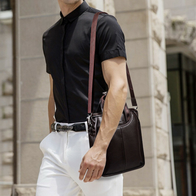 Vintage Soft Leather Men's Briefcases Business Vertical Hand Tote Bag Office Male Shoulder Messenger Bag