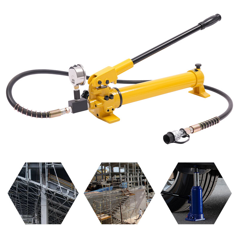 Żółta pompa ręczne hydrauliczne z manometrem i wężem, może być używana z narzędziami hydraulicznymi przy 700bar