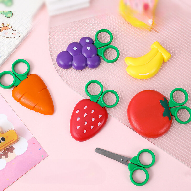 Kawaii Fruit Safefy Scissors for Kid Mini Round Head Plastic Scissors with Cover Student Children Paper Cutter School Supplies