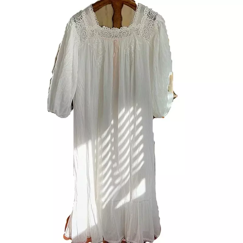 White Fairy Pure Cotton Nightdress Sweet Winter Princess Square Collar Long Sleepwear Vintage Victorian Full Sleeve Nightgown