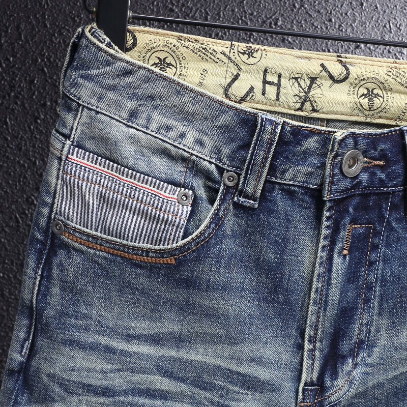 Italiaanse Stijl Mode Mannen Jeans Retro Blauwe Elastische Slim Fit Gescheurde Jeans Heren Vintage Broek Casual Designer Denim Broek Hombre