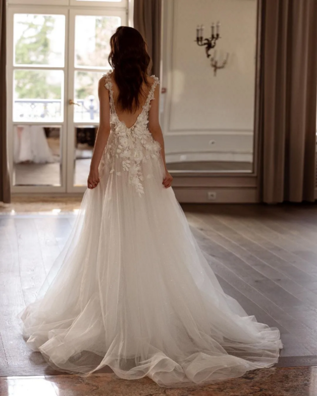 Gaun pernikahan applique renda klasik gaun pengantin A-Line sisi seksi belahan tinggi sikat gaun pengantin kereta jubah gaun gaun pengantin ukuran disesuaikan