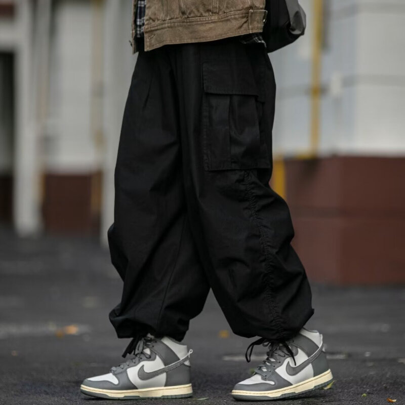 Quick Drying Cargo Pants Men Japanese Large Pocket Casual Wide Leg  Trousers Male Vintage Couple Overalls Loose Streetwear