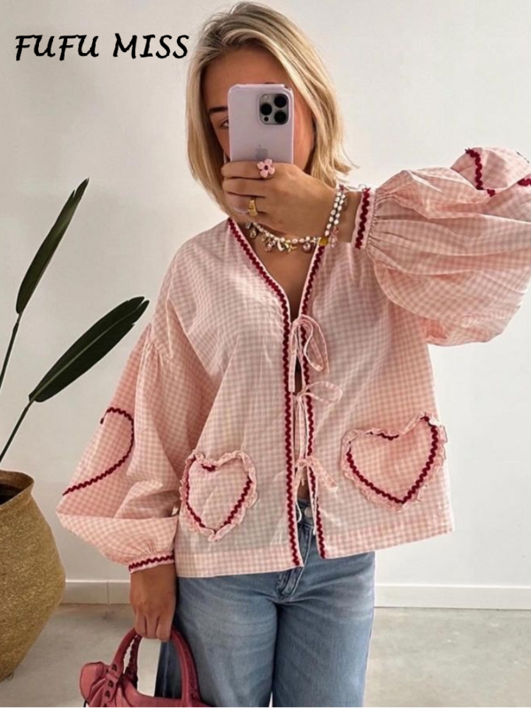 Women's Plaid Love Print Shirt Hollow Out Lace Up Blouses 2024 Spring Summer Female Sweet Pocket Vacation Street Lady Outwear