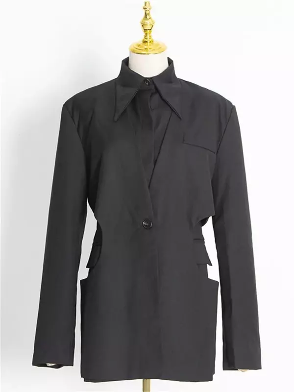 Czarne kobiety garnitury 1 sztuka żakiet z dzianiny dresowej formalne biuro pani odzież robocza gorąca dziewczyna koszula kołnierzyk płaszcz jesienny strój