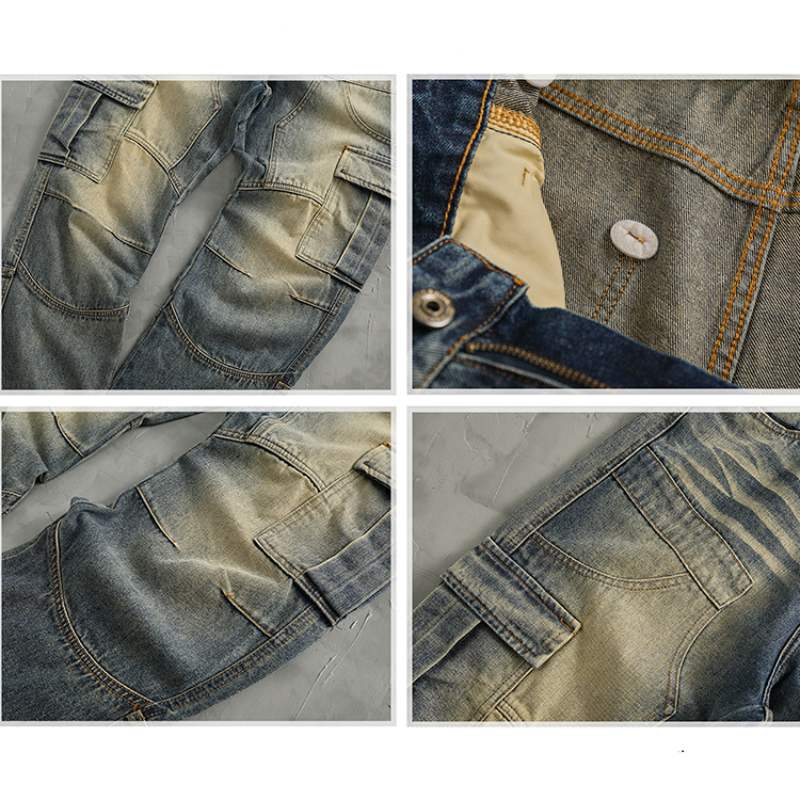 Loose 3D splicing high-quality jeans men's high street American fashion wide-leg tooling drag straight pants trend