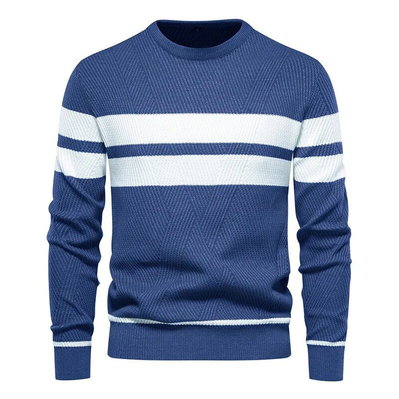 Sweater bergaris-garis untuk pria, Sweater kasual kerah bulat leher O, atasan Vintage rajut bergaris-garis musim gugur musim dingin 2023