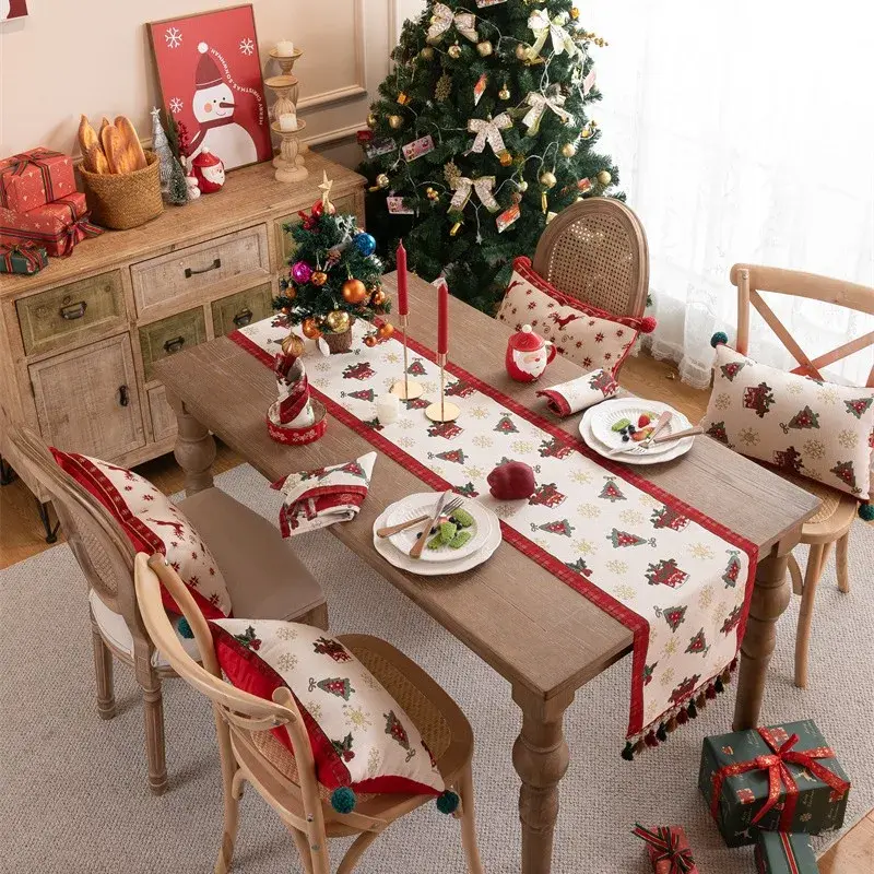 ผ้าปูโต๊ะผ้าปูโต๊ะปักลายต้นคริสต์มาสกวางแดงผ้าลินินประดับพู่ประดับโต๊ะทานอาหารบ้านวันหยุด
