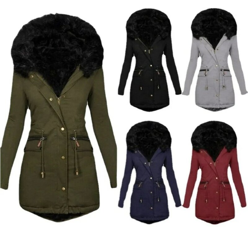 毛皮の襟付きの女性用パーカー,暖かい綿のジャケット,単色,ミッドレングス,秋と冬