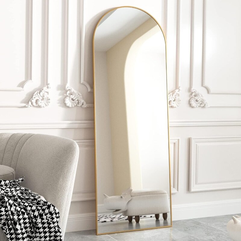 Espejo arqueado de 64 "x 21" de longitud completa, espejo inclinado de pie libre, espejo colgante montado, marco de aluminio, decoración moderna y Simple para el hogar