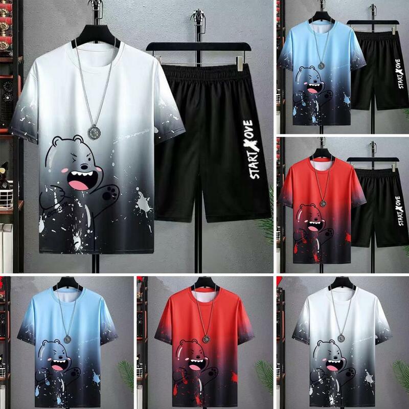 Men Two-piece Suit Men's Bear Print T-shirt Wide Leg Shorts Set for Casual Outfit Quick Drying Sportswear with Elastic Waist