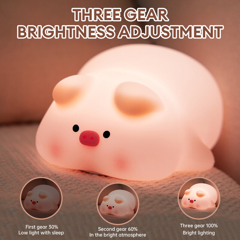 Silicone Pig Night Light Rechargeable LED Touch Sensor Light Dimmable Bedside Light Timing Baby Nursery Lamp Kids Room Decor