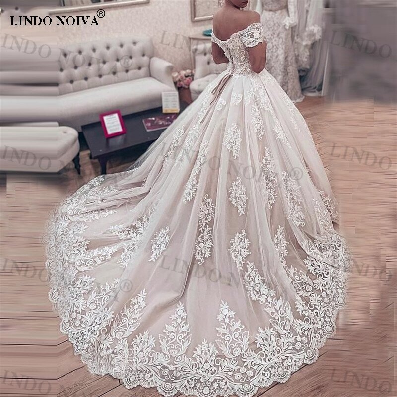 فساتين زفاف LINDO NOIVA Robe De Mariee 2023 بدون أكتاف للنساء مزينة بالدانتيل فستان حفلة العروس Vestidos De Novia